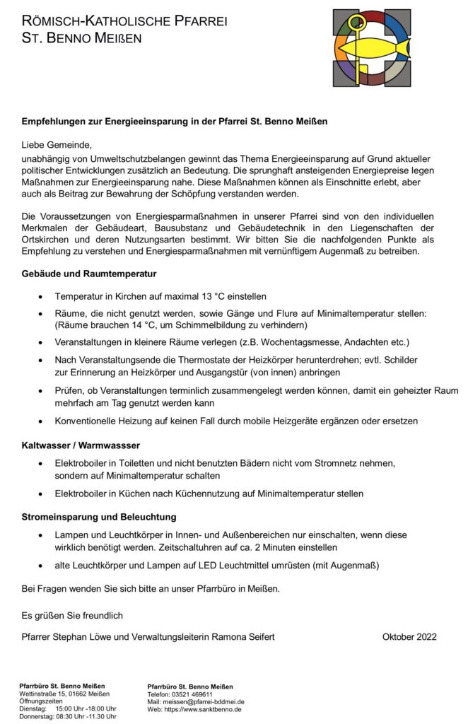 Empfehlungen zur Energieeinsparung in der Pfarrei St. Benno Meißen 2