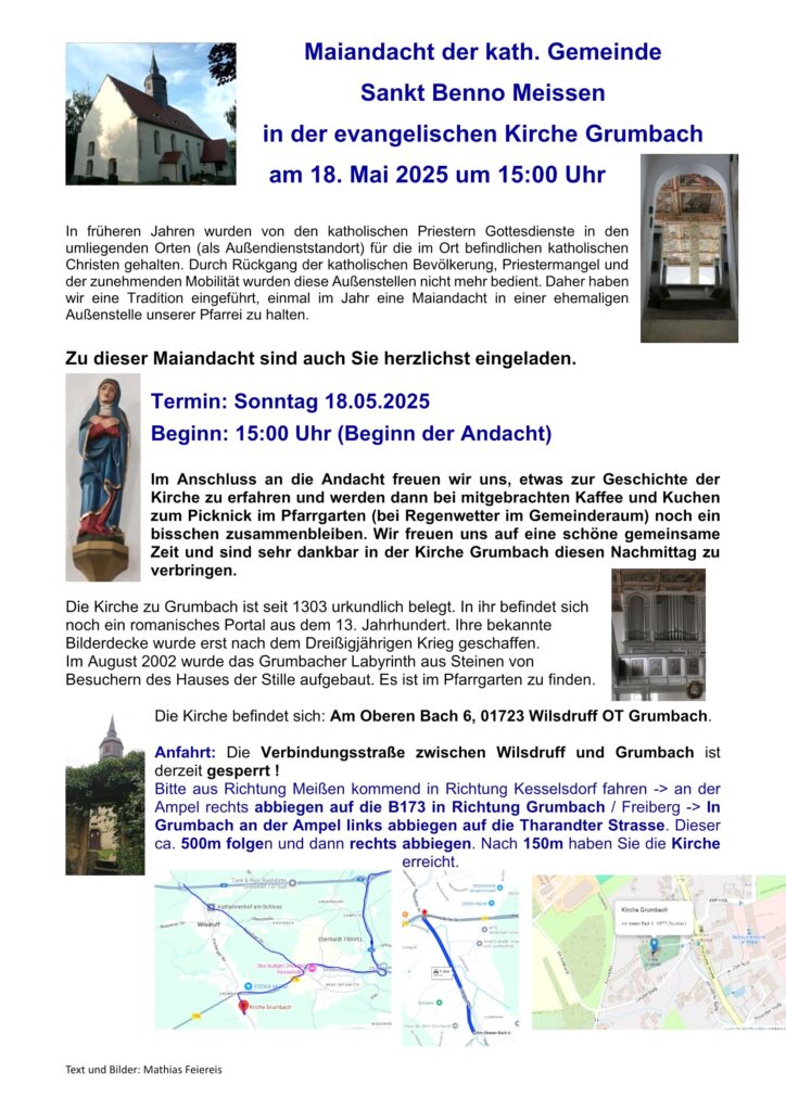 Maiandacht der kath. Pfarrei Sankt Benno Meissen in der evangelischen Kirche Grumbach am 18. Mai 2025 um 15:00 Uhr 2