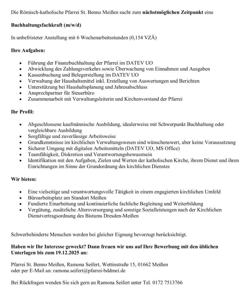 Stellenanzeige für die Buchhaltung Pfarrei St. Benno Meißen 2